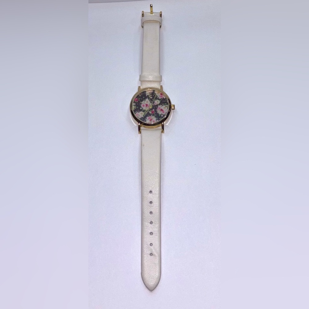 Charming Charlie Gold Floral Dial Watch with Pink, Navy and White Accents